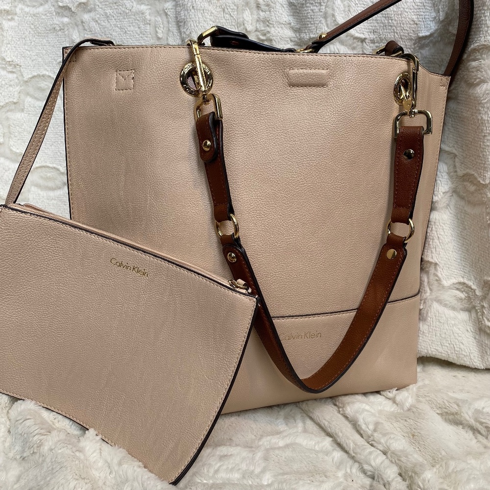 Calvin Klein reversible faux leather tote with removable clip on pouch